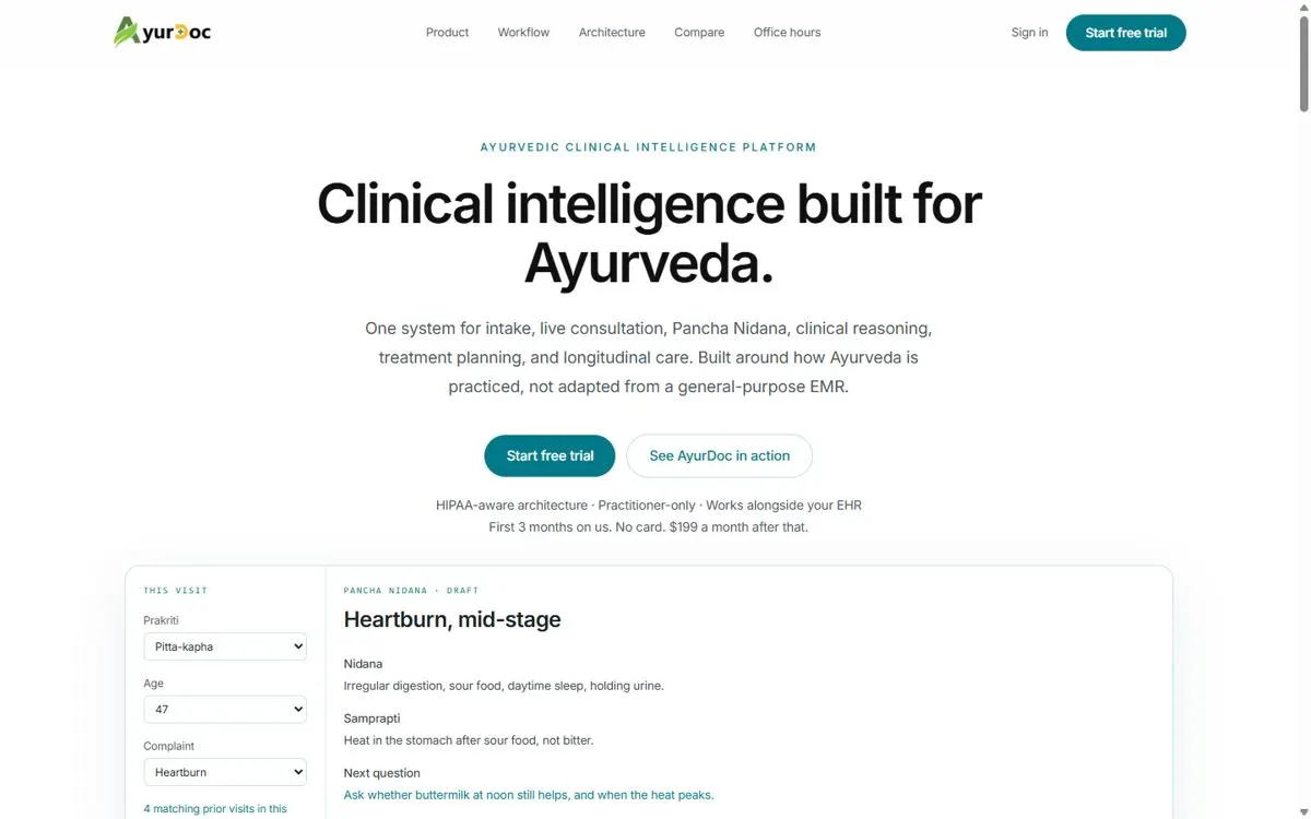 AyurDoc product page showing a draft Pancha Nidana note for a heartburn case