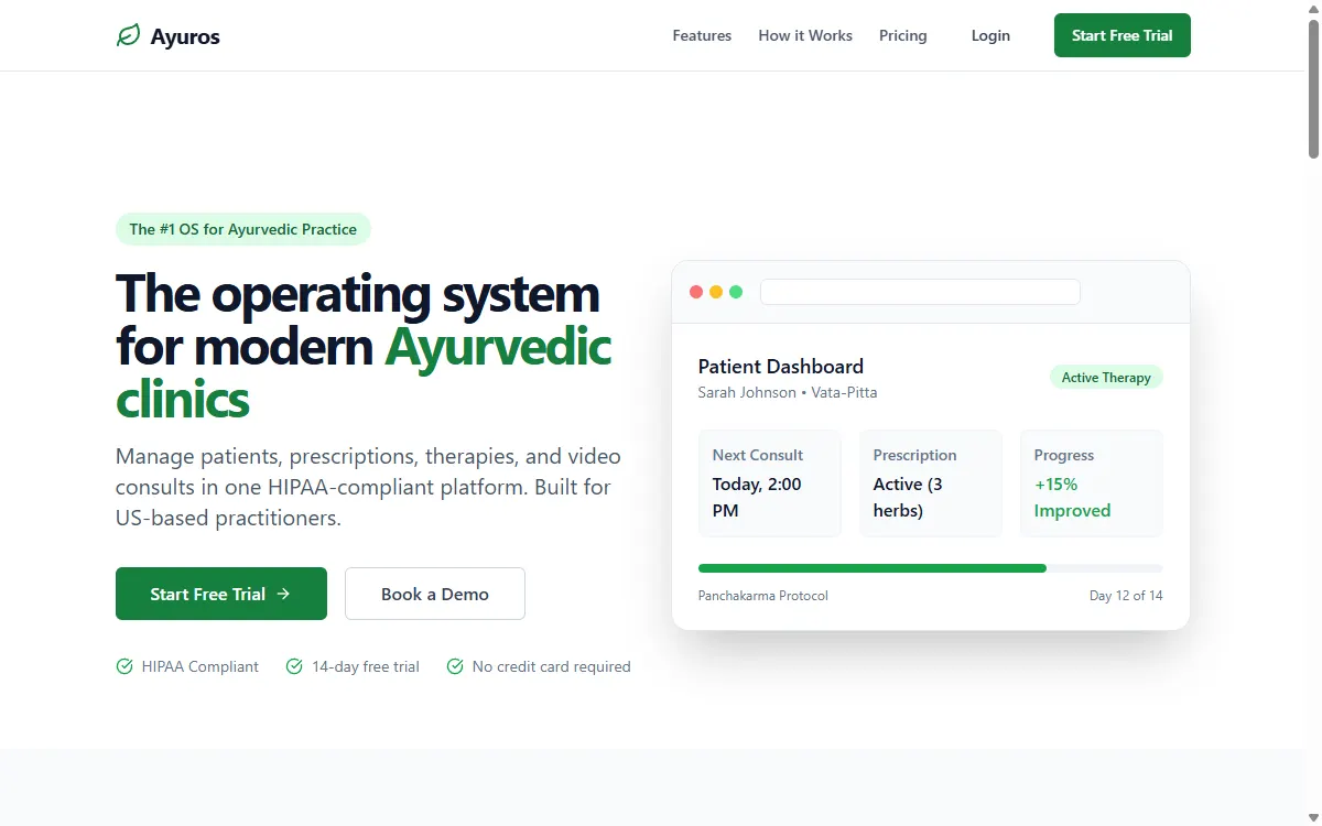 Ayuros homepage: the operating system for modern Ayurvedic clinics