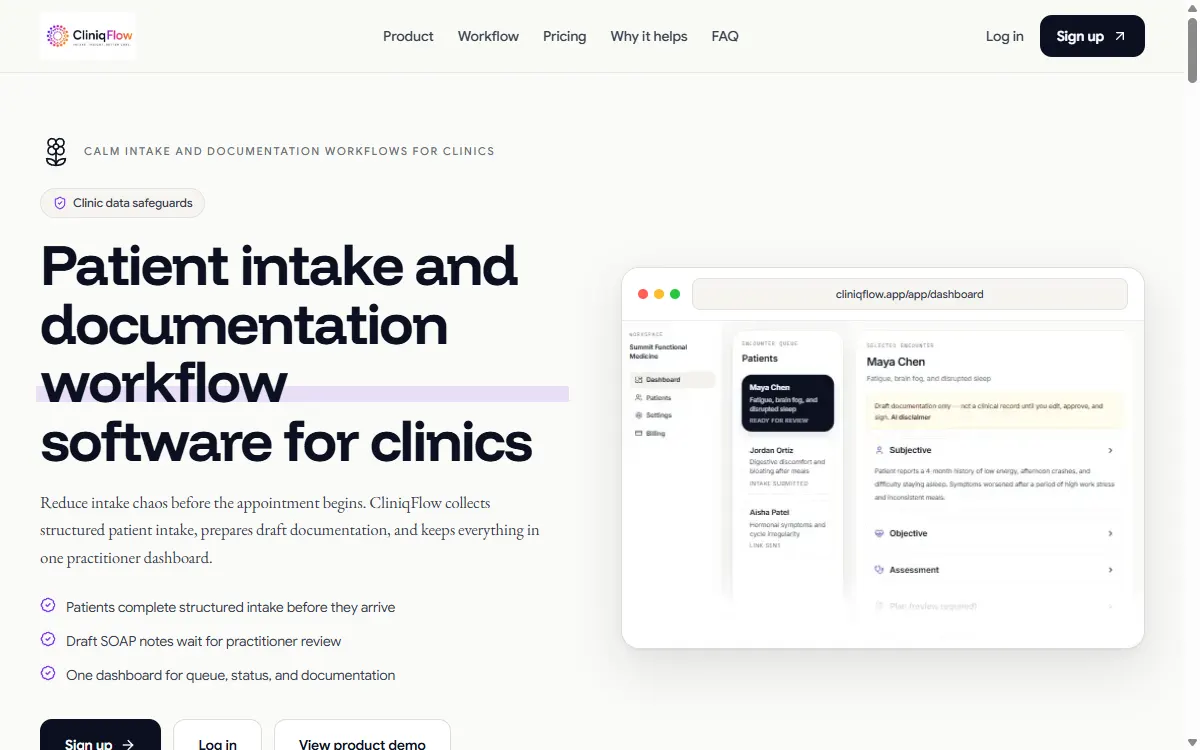 CliniqFlow homepage: patient intake and documentation workflow software for clinics