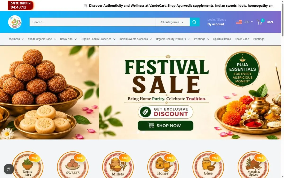 VandeCart storefront with category navigation and a festival sale banner